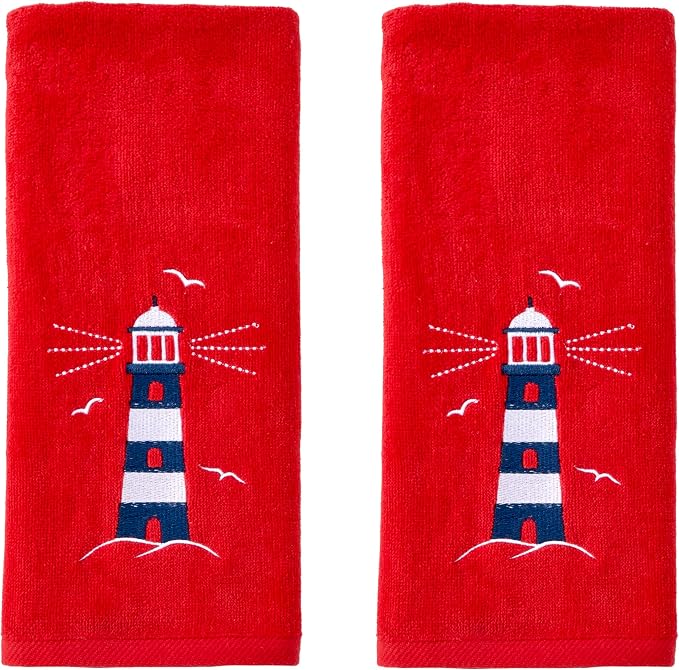 SKL Home Nautical Lighthouse Hand Towel Set-2pc, 100% Cotton, Red | Decorative embroidery for everyday & coastal/beach décor. Can be used in the bathroom, kitchen, bar or any sink space.