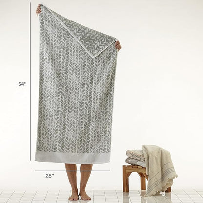 SKL Home Distressed Leaves Bath Towel, 100% Turkish Cotton, Sage | 600 GSM weight. Spa-level quality. Soft, & absorbent, reversible jacquard.