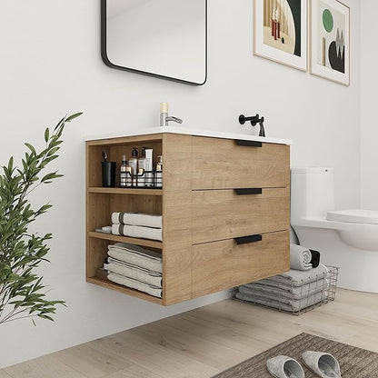 Bathroom Vanity with Sink 30 Inch, Single Sink Modern Bathroom Vanities Set, Wall-Mounted Bathroom Vanity, Floating Soft Close Door (IMO, 30 * 18)