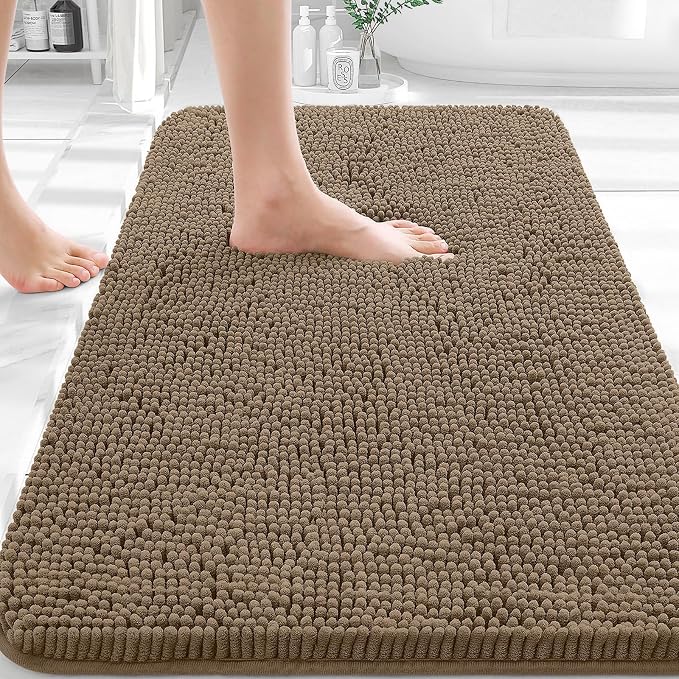 OLANLY Bathroom Rugs 36x24, Extra Soft Absorbent Chenille Bath Rugs | Tan, Quick-Drying Rubber Backing, Machine Washable Bath Mat for Bathroom Floor, Tub and Shower, Home Decor Accessories