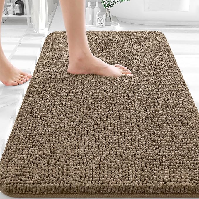 OLANLY Bathroom Rugs 32x20, Extra Soft Absorbent Chenille Bath Rugs | Tan, Quick-Drying Rubber Backing, Machine Washable Bath Mat for Bathroom Floor, Tub and Shower, Home Decor Accessories