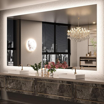 Keonjinn 84"x40" Backlit Mirror Bathroom, Safe Tempered Glass & Defogging | 3 Colors Lights Warm/Natural/White, Dimmable, Shatterproof, Clear Reflection, Oversized, Frameless LED Mirror for Bathroom