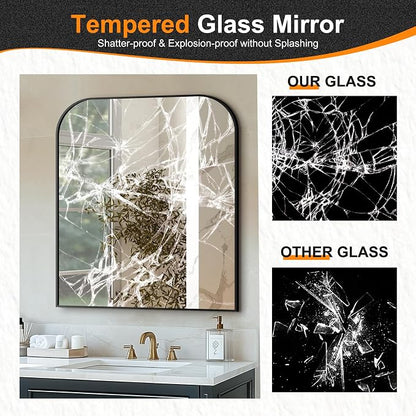 36"x30" Black Metal Framed Bathroom Mirror for Over Sink | Rounded rectangle shape. Shatterproof HD glass, all mounting hardware for bathroom, bedroom, entryway.
