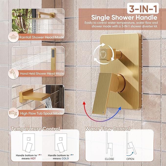 Brushed Gold Shower System, All Metal Gold Shower Faucet Set with Tub Spout, 10'' Gold Shower Head with Handheld, 59'' Shower Hose, Shower Valve and Diverter, Wall Mounted Bath Tub Faucet Set