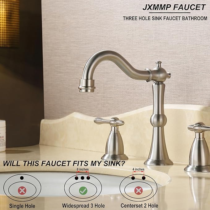 Brushed Nickel 3 Hole Bathroom Faucet, Widespread Antique Bathroom Sink Faucet with Pop Up Drain and cUPC Supply Hose, Modern 2 Handle Modern Brushed Sink Faucet Bathroom JXM3073BN