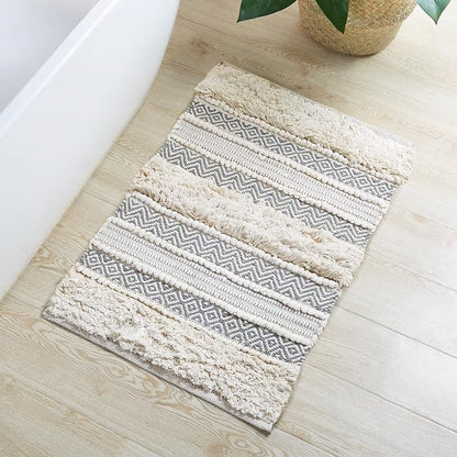 INK+IVY Asher Non-Slip Bath Rug Absorbent Quick Dry Striped, 20 x 32, Grey | Soft Pile, Machine Washable, Striped Pattern, Boho, OEKO-TEX Certified, Hand-Woven Texture, for Bathroom, Shower Room