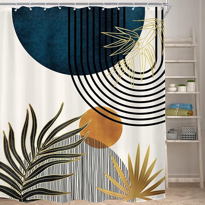 KOMLLEX Mid Century Blue Boho Abstract Modern Bathroom Shower Curtain Set | 72Wx84L Plant Botanical design, waterproof HD print with fast-drying fabric and 12 hooks.