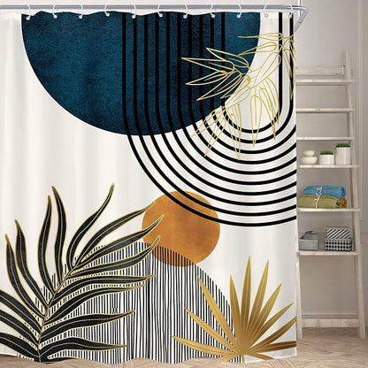 KOMLLEX Mid Century Blue Boho Abstract Modern Bathroom Shower Curtain Set | 72Wx84L Plant Botanical design, waterproof HD print with fast-drying fabric and 12 hooks.