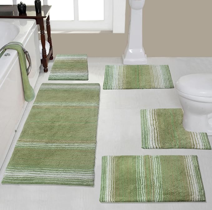 Home Weavers 100% Cotton Gradiation Collection Bathroom Décor | Washable Rug | Bathroom Mat | Kitchen Mat | Bathroom Rug Set | Bath Mat Set | Bath Floor Mat Non Slip, 5 Piece Set with Contour, Sage