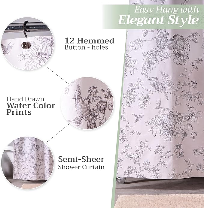 Maison d' Hermine Shower Curtain 100% Cotton One Panel 70"x72" Washable Fabric Shower Curtains for Bathroom, Easy Hanging with 12 Button Holes - Home Hotel Easter Gifts (Jouy Paradise - Grey)