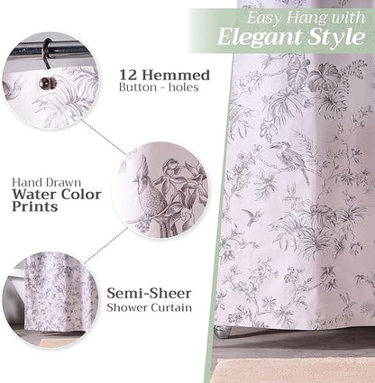 Maison d' Hermine Shower Curtain 100% Cotton One Panel 70"x72" Washable Fabric Shower Curtains for Bathroom, Easy Hanging with 12 Button Holes - Home Hotel Easter Gifts (Jouy Paradise - Grey)
