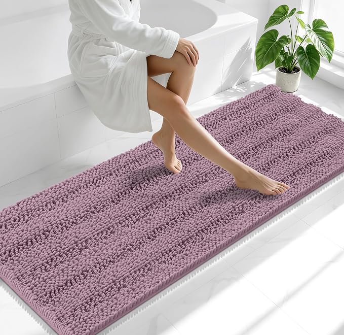 Smiry Thick Chenille Bathroom Runner Rugs 70x24, Soft Bath Mat, Deep Plum | Quick‑Dry & Machine Washable, Non‑Slip Bath Carpet, Striped Bath Rugs for Tub & Shower, Modern Home Decor Accessories