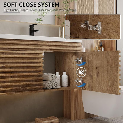 eclife 60" Floating Bathroom Vanity with Sink Combo Mid-Century Wall Mounted Cabinet with Wood Stripes Decor, Drawers, Undermount Double Sink, Faucet, Drain, Light Walnut
