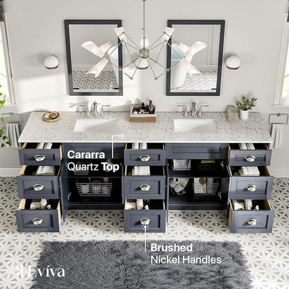 Eviva Epic 96 in. Charcoal Gray Double Sink Bath Vanity with Carrara Quartz Top