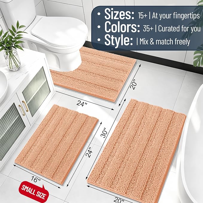 Smiry Thick Chenille Bathroom Rugs 36x24, Soft Absorbent Bath Mat, Peach | Quick‑Dry & Machine Washable, Non‑Slip Bath Carpet, Striped Bath Rugs for Tub & Shower, Modern Home Decor Accessories