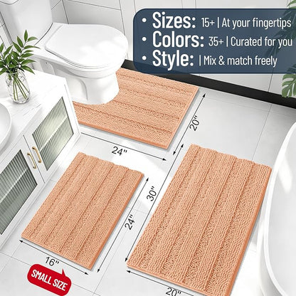 Smiry Thick Chenille Bathroom Rugs 36x24, Soft Absorbent Bath Mat, Peach | Quick‑Dry & Machine Washable, Non‑Slip Bath Carpet, Striped Bath Rugs for Tub & Shower, Modern Home Decor Accessories