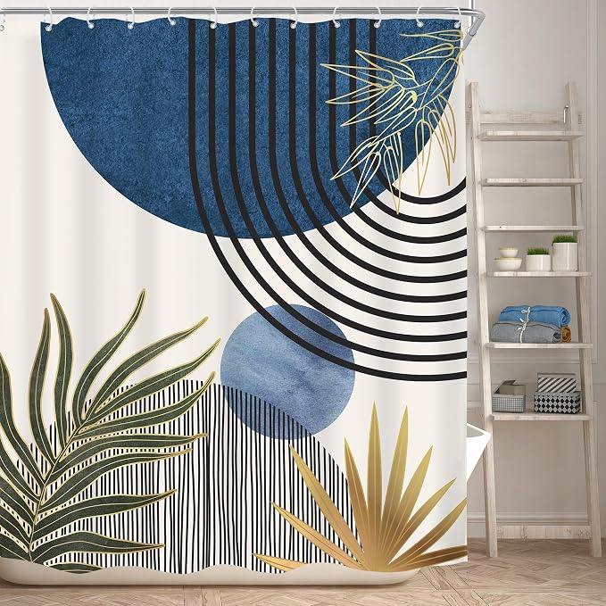 Mid Century Blue Green Boho Abstract Modern Bathroom Shower Curtain Set | 60Wx72L Plant design, waterproof HD print with fast-drying fabric and 12 hooks.