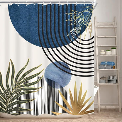 Mid Century Blue Green Boho Abstract Modern Bathroom Shower Curtain Set | 60Wx72L Plant design, waterproof HD print with fast-drying fabric and 12 hooks.