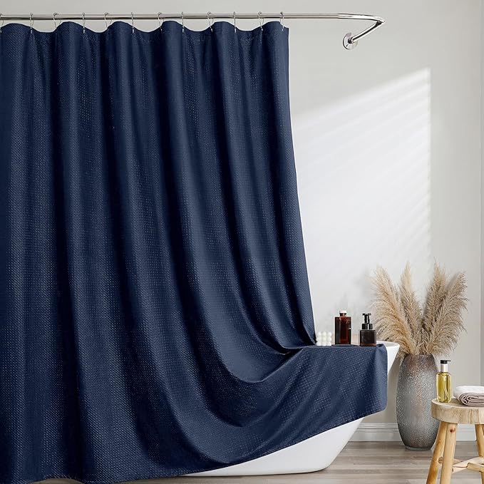 Navy Blue Long Shower Curtain 84 Inch Length 1 Piece, Embossed Textured Soft Fabric Bathroom Shower Curtain, Water Repellent Machine Washable Cloth Hotel Spa Bath Decor, 72Wx84L Inches