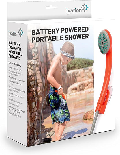Ivation Portable Outdoor Shower, Battery Powered, Water Pump, Rechargeable | Pumps from any basin, sink, or tub for camping, dog washing, baby bathing, beach rinsing, and gardening; 60-min battery