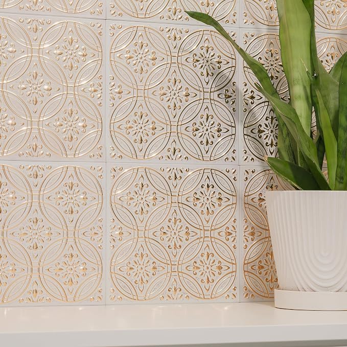 Peel and Stick Metal Tiles, Pastel Painted Gold, 10-Pack | 8 x 8 in tile size; Covers up to 4.44 sq ft; Aluminum; Water-resistant surface; For kitchens, ceilings, DIY projects