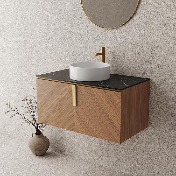 LKTART 36 Inch Bathroom Vanity with Sink, Modern Wall Mounted Bathroom Sink with 2 Doors, Black Sintered Stone Countertop and White Round Ceramic Basin