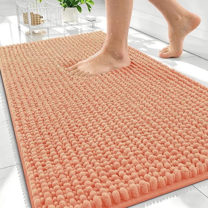 OLANLY Thick Chenille Bathroom Rugs 30x20, Soft Absorbent Bath Mat, Peach | Bath Rugs, Rubber Backing, Machine Wash Dry, Bath Mats for Bathroom Floor, Tub and Shower, Home Decor Accessories