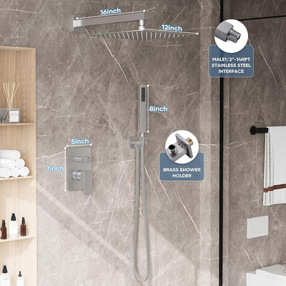 Brushed Nickel Shower Faucet Set with 12-Inch Rain Shower Head | Shower System with Rain Shower Head and Handheld, Wall Mounted High-Pressure Shower Head Combo Set with Shower Valve and Trim