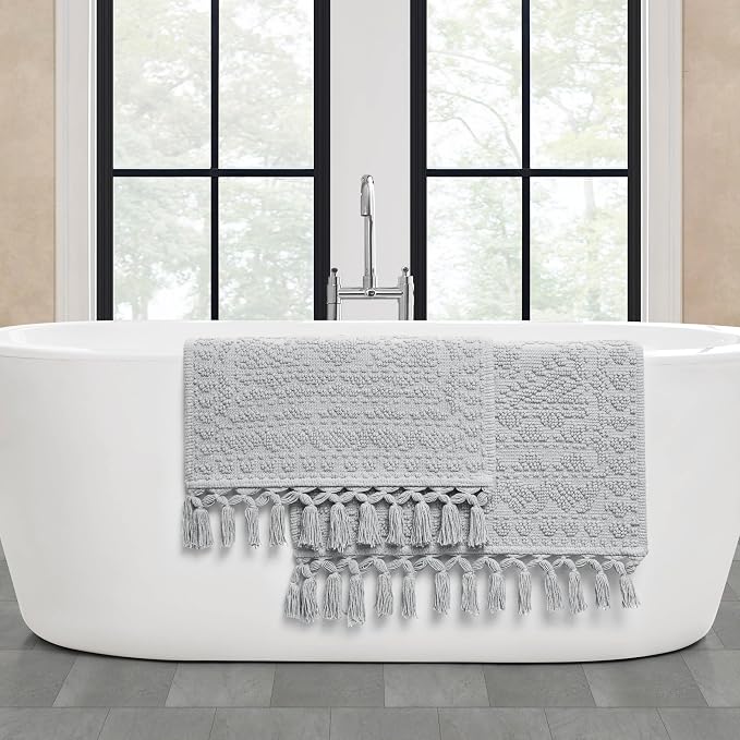 French Connection Nellore Bath Rugs, Set of 2 Woven and Beaded Bath Mats, Durable and Thick Bath Mats for Bathroom and Shower Rugs, 17" x 28" and 20" x 38", Light Grey