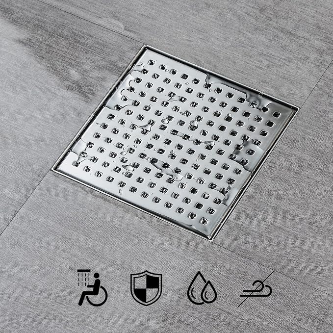 SaniteModar Square Shower Drain 6 inch Brushed with Square Hole Cover | 304 Stainless Steel Brushed Shower Drain with Hair Catcher and Threaded Adapter