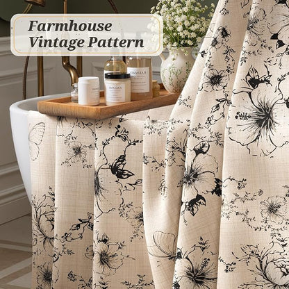 Vintage Black Floral Shower Curtain with 12 Clear Rings - 72" W x 84" L | Farmhouse Fabric Faux Linen Shower Curtain Set, French Country Cottagecore Style Shower Curtain for Bathroom