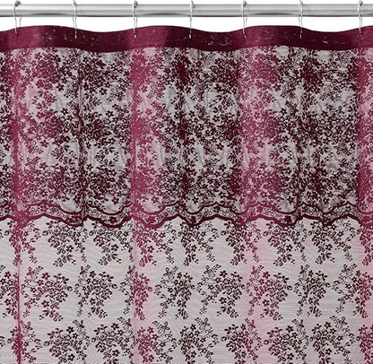 YJ YANJUN Burgundy Lace Stall Shower Curtain 36 x 72 Inch, Vintage Floral | Victorian Narrow Shower Curtain with Attached Valance, Sheer Privacy for RV, Apartment, Guest and Small Bathroom Décor 1Panel