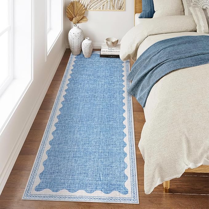 Garvee Washable Hallway Runner Rug 2x6 Runner Rug Bordered Wave Print Blue | Non Slip Entryway Rugs Foldable Non-Shedding Carpet Low Pile Stain-Resistant Indoor Soft Rugs for Laundry Kitchen Bathroom
