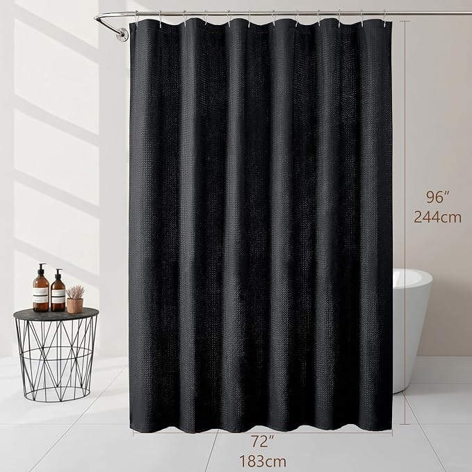 Extra Long Black Shower Curtain 96 Inch Long 1 Piece, Waffle Embossed Textured Fabric Shower Curtain for Bathroom Large Hotel, Water Resistant, Machine Washable, 72Wx96L Inches