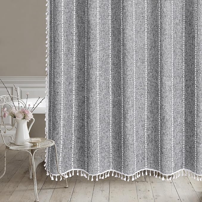 Boho Tassel Linen Shower Curtain,3D Embroidery Stripe Charcoal Grey,72x84 | Extra Long Xl,310GSM Texture Heavy Duty Cloth,Water Repellent,Wrinkle Resistant,Vintage Farmhouse Rustic,12 Plastic Hooks