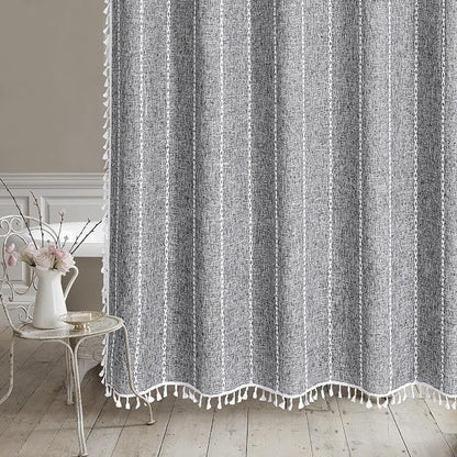 Boho Tassel Linen Shower Curtain,3D Embroidery Stripe Charcoal Grey,72x84 | Extra Long Xl,310GSM Texture Heavy Duty Cloth,Water Repellent,Wrinkle Resistant,Vintage Farmhouse Rustic,12 Plastic Hooks