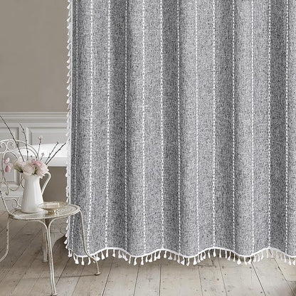 MitoVilla Dark Grey Farmhouse Shower Curtain Set 72 x 78, Boho 78 inch Long Polyester Linen Tassel Fabric Shower Curtain Set for Chic Cottagecore French Rustic Bathroom Decor, Charcoal Grey