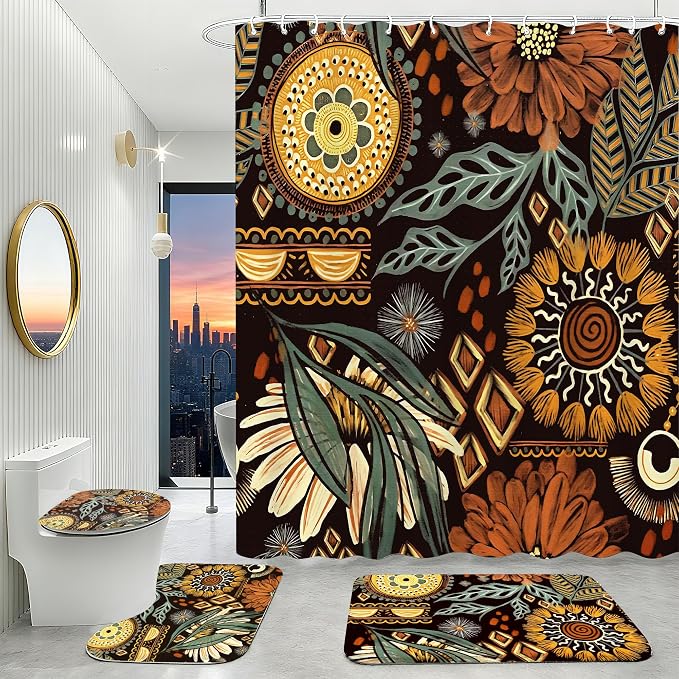 16 Pcs Shower Curtain Set with Rugs Boho and Metal Hooks Bath Mat 120gsm Heavy Weight Fabric Shower Curtains Bathroom Sets Decor Non-Slip Bathroom Rug and Bath Curtain Set 72 x 72 Inch,H-Boho