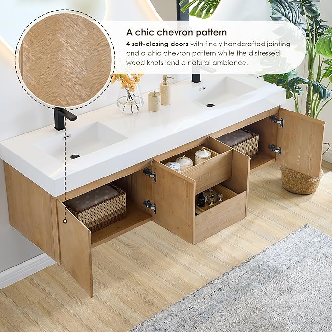 72 Inch Floating Sink Bathroom Vanity Wall Mount Double Vanities Overflow Mordern Large Storge Cabinet with Ceramic Countertop Double Soft Closing Drawers Pre-Assembled