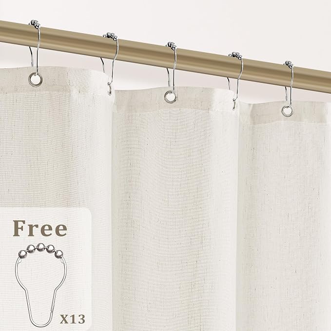 Cream Linen Shower Curtain with Tassels Water Repellent 72x84 Inch | Modern Elegant Bohemian Country Minimalist Style, Bathroom Decor Shower Curtains, Ivory Natural, Fabric Drapes, with Hooks
