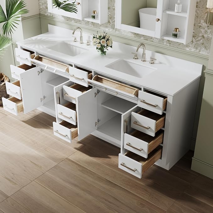 84-Inch Bathroom Vanity with Double Sinks W/ 4 Doors & 12 Drawers & 2 Flip Drawers, White Vanity W/Brushed Nickel Handles