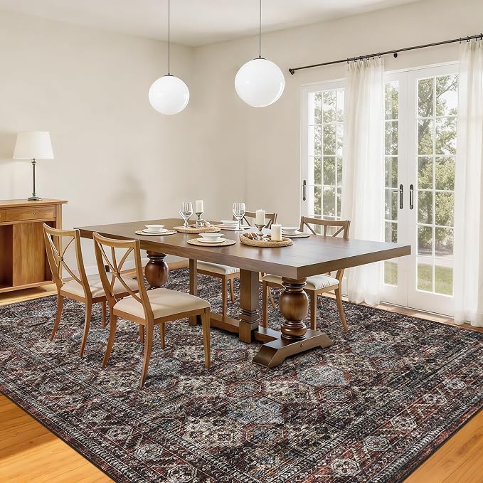 Vintage Floral Rugs 10x13, Washable Soft Non Slip Area Rug for Living Room Bedroom, Low Pile Ultra Thin Retro Accent Floor Carpet for Dining Room Office Playroom, Vintage Red