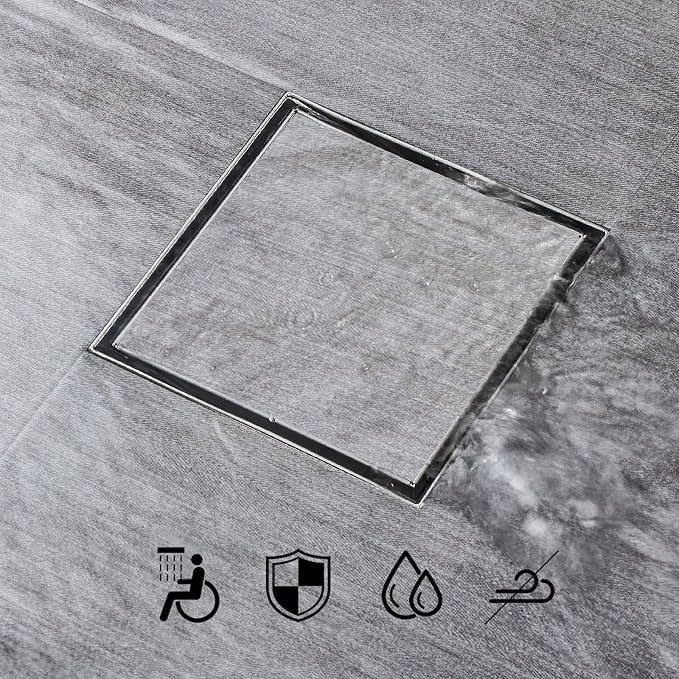 SaniteModar Shower Drain 6 inch Brushed with 2 in1 Tile Insert Cover | 304 Stainless Steel Brushed Square Shower Drain with Hair Catcher and Threaded Adapter