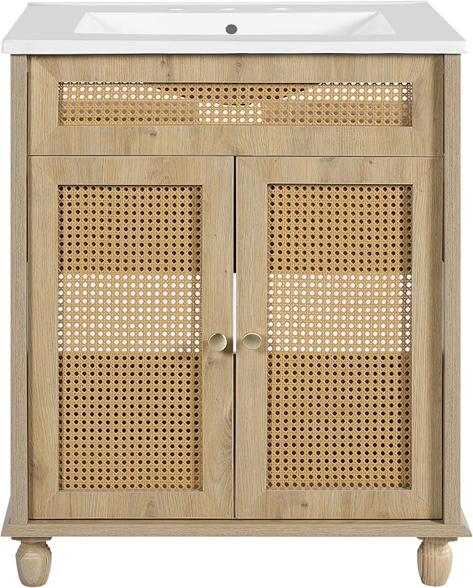 30-Inch Bathroom Vanity with Handwoven Rattan Doors, Shatter-Resistant Resin Basin & Solid Wood Legs – Space-Saving Design, Soft-Close Hinges, Easy Assembly for Small Bathrooms (Natural Wood, 30")
