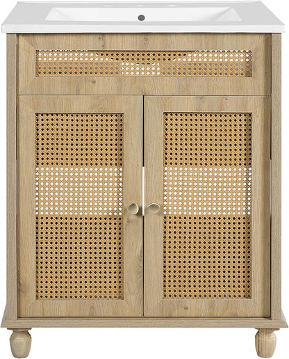 30-Inch Bathroom Vanity with Handwoven Rattan Doors, Shatter-Resistant Resin Basin & Solid Wood Legs – Space-Saving Design, Soft-Close Hinges, Easy Assembly for Small Bathrooms (Natural Wood, 30")