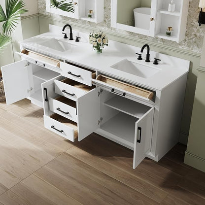 80-Inch Bathroom Vanity with Double Sinks W/ 4 Doors & 4 Drawers & 2 Flip Drawers, White Vanity W/Matte Black Handles