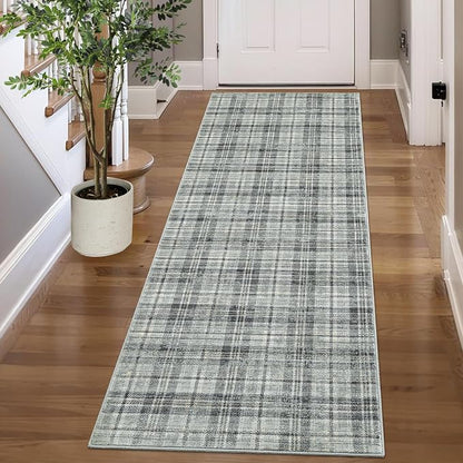 Tartan Plaid Washable Runner Rug 2.5x12 Runner Modern Kitchen Runner Non Slip Entryway Rug Soft Bathroom Rugs Stain Resistant Carpet for Laundry Bedroom Greyish Green