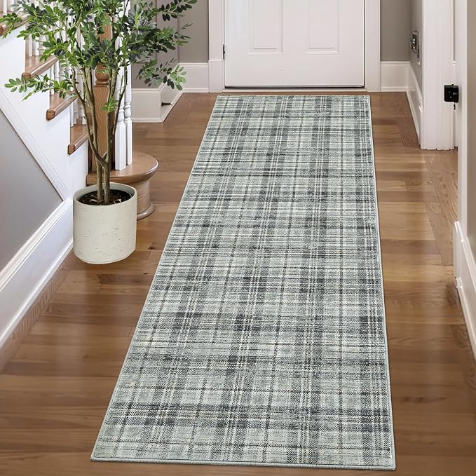 Washable Runner Rug 2x8 Modern Entryway Rug Tartan Plaid Non Slip Kitchen Rugs Hallway Runners Soft Carpet for Bedroom Bath Mat Stain Resistant 2'x8' Greenish Grey