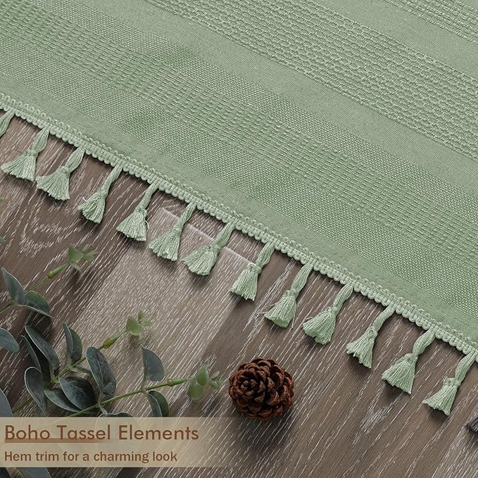 Light Green Shower Curtain 78 Inch Long, Boho Thick Linen Textured Shower Curtain with Tassel, Farmhouse Minimalist Striped Weighted Machine Washable Bathroom Decor, 72Wx78L Inches