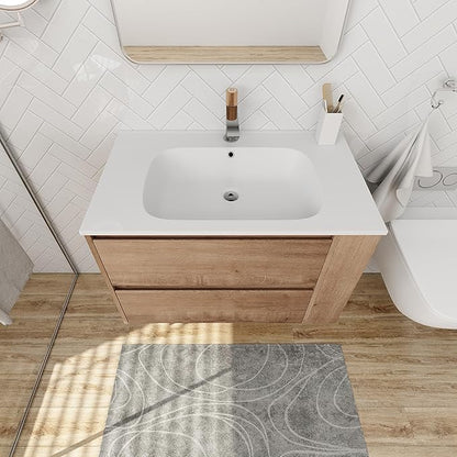 Henf Modern 30" Wall Mounted Bathroom Vanity with White Gel Sink, 2 Soft Close Drawers & Open Storage Shelf, Oak